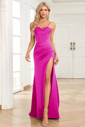 Fuchsia Mermaid Spaghetti Straps Satin Ball Dress with Split Front